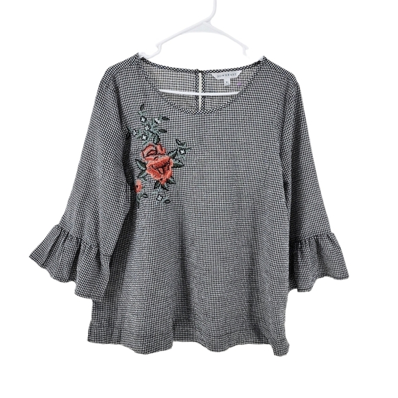 Down East Women's Embroidered Floral Gingham Blouse - XL - Picture 2 of 6